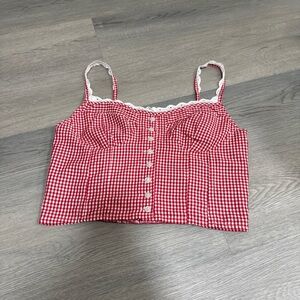 Sim & Sam Red Gingham Crop Top Size Medium Lace Trim Button Corset Style Sz L